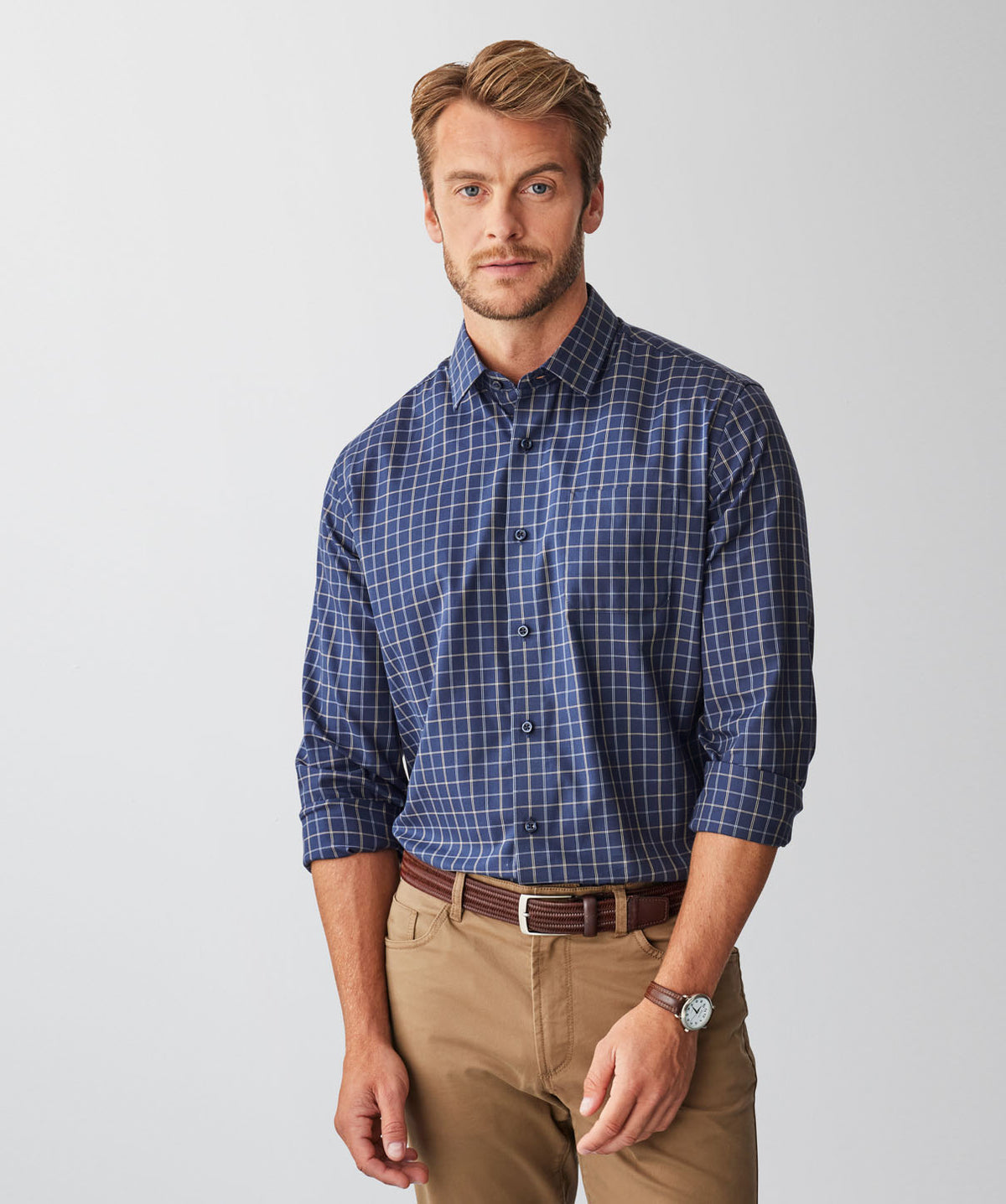 Easy Care Twill Check Long Sleeve Shirt - Navy-GAZMAN