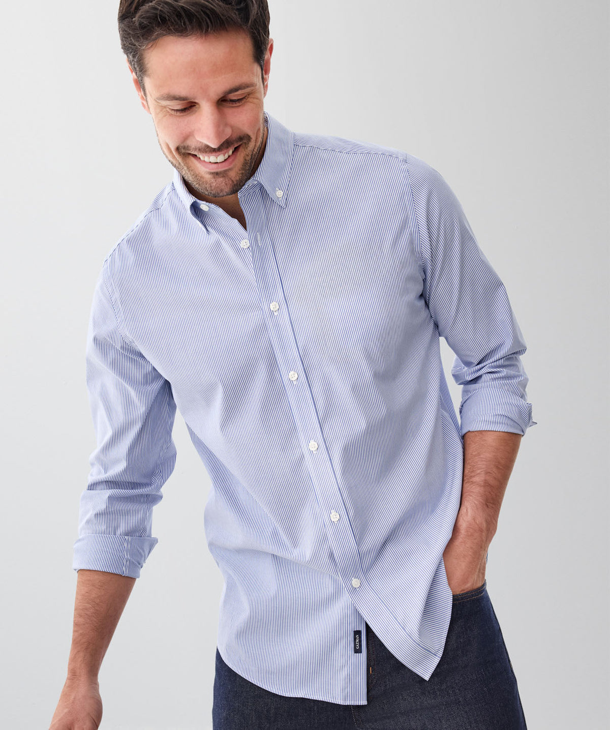 Easy Care Stretch Stripe Long Sleeve Shirt - Blue Carbon-GAZMAN