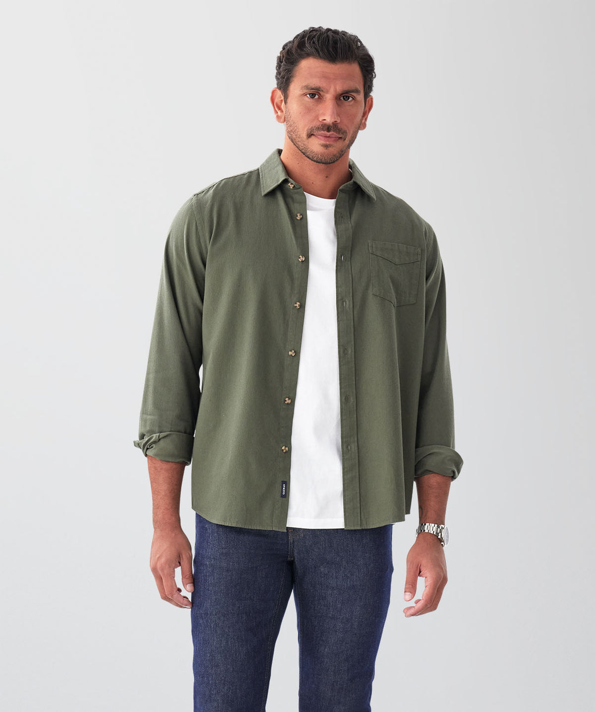 Casual Bedford Long Sleeve Shirt - Khaki-GAZMAN