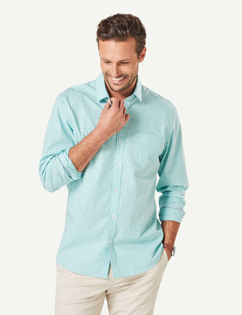 Tailored Easy Care Check Long Sleeve Shirt - Green-GAZMAN